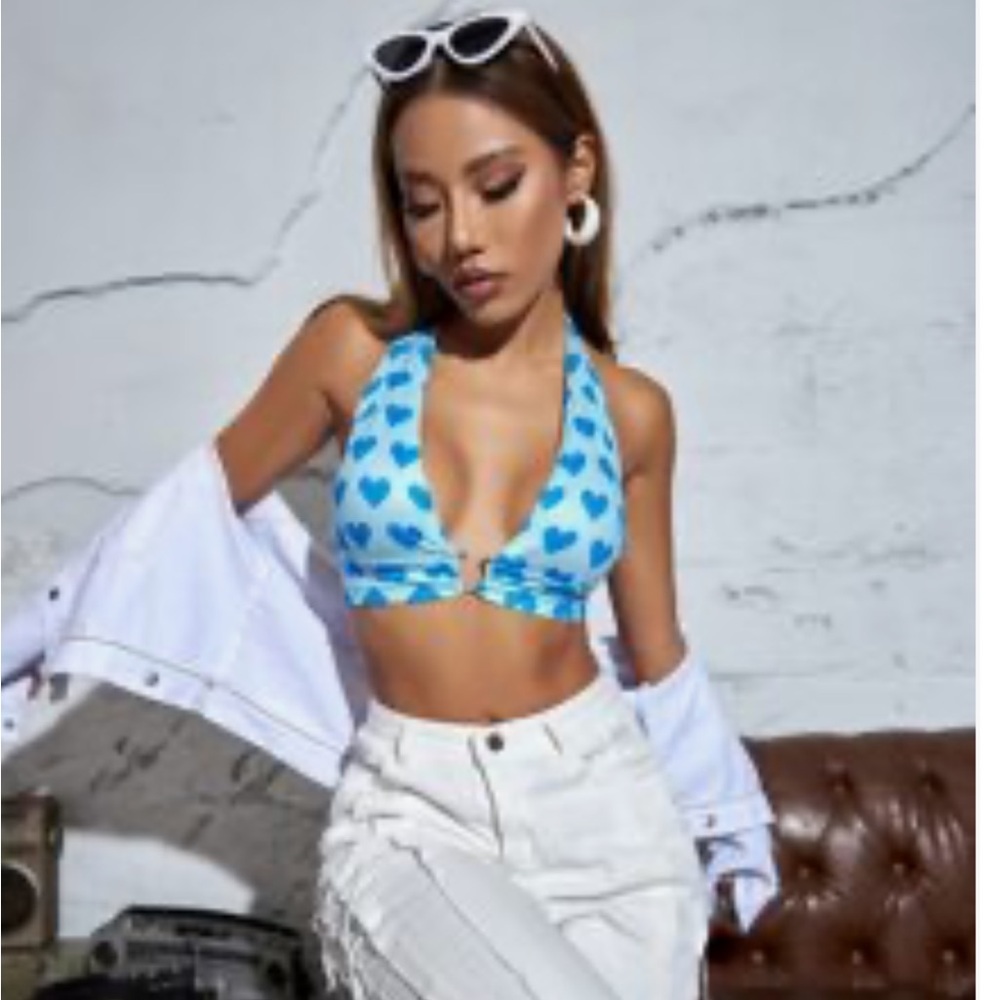 Shein Blue Heart Print Halter Top